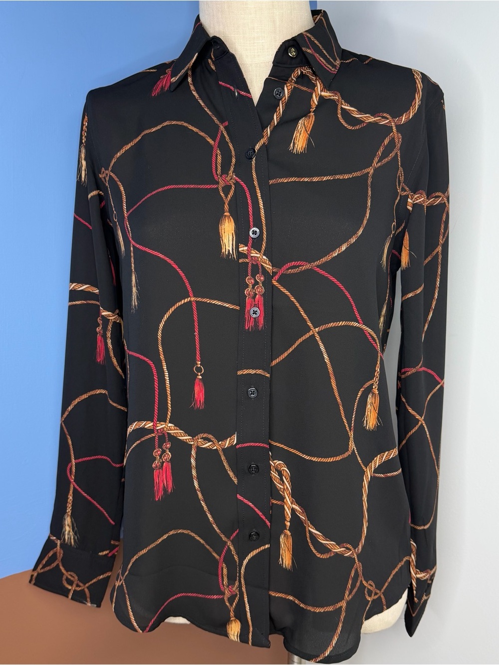 Lauren Ralph Lauren Long Sleeve Black Tassel Print Button Down Blouse Small